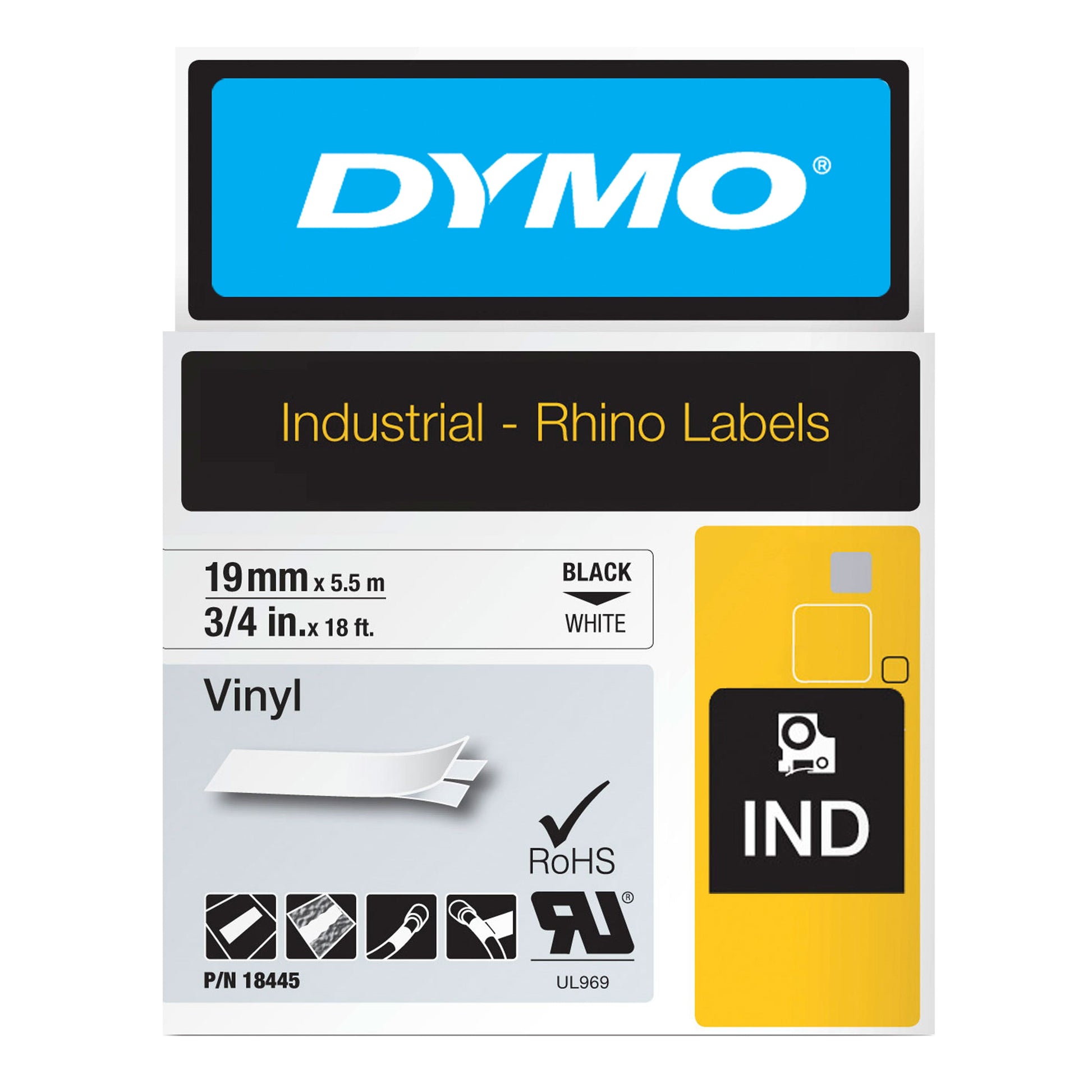 Dymo Rhino 18445 Vinyl Tape 19mm Black on White