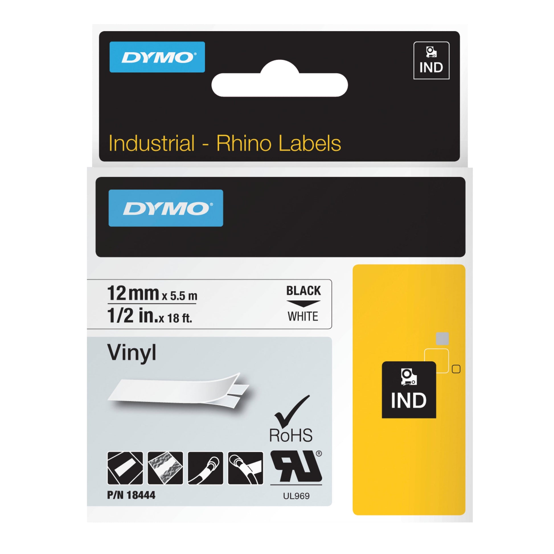 Dymo Rhino 18444 Vinyl Tape 12mm Black on White