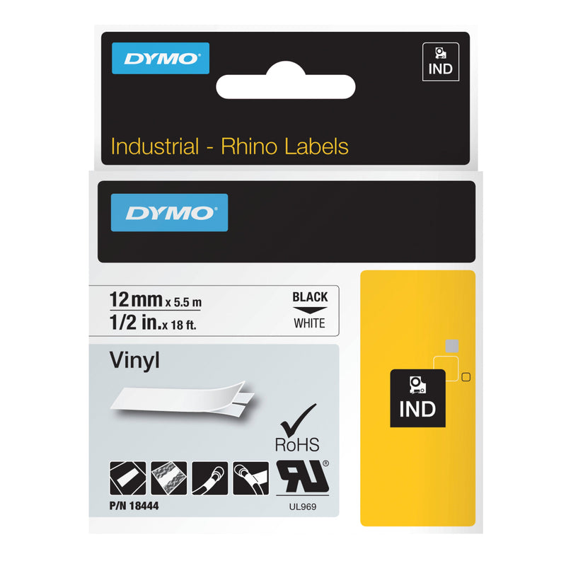 Dymo Rhino 18444 Vinyl Tape 12mm Black on White
