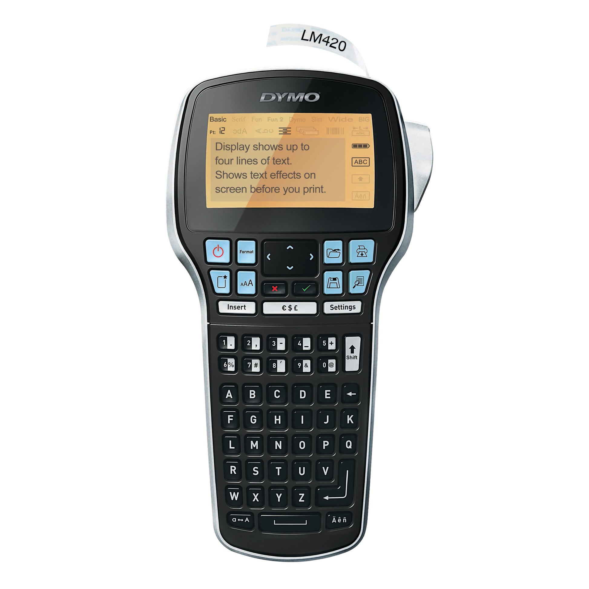 DYMO LabelManager 420P handheld label maker with large display screen and ABC keyboard layout