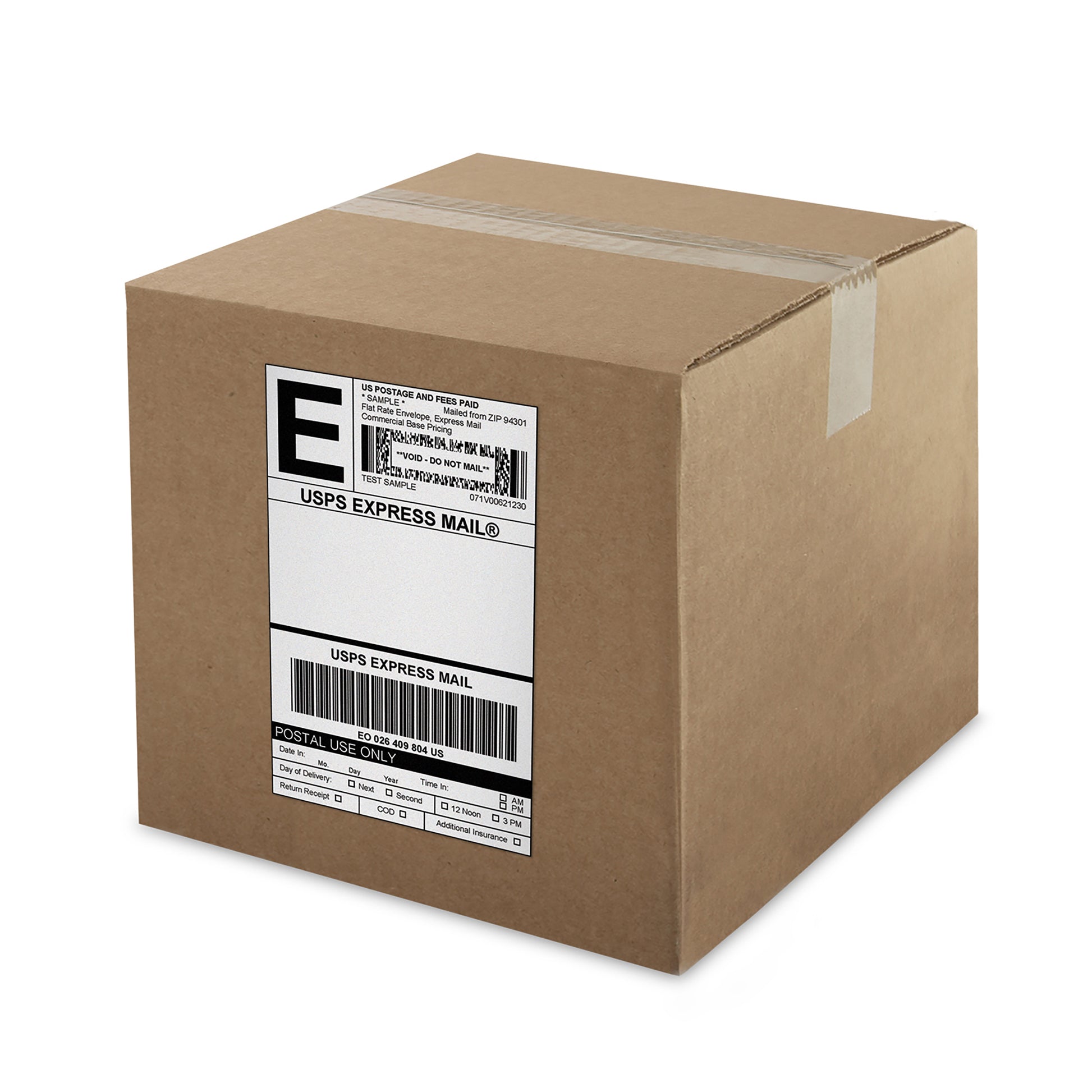 Cardboard shipping box with large printed address label