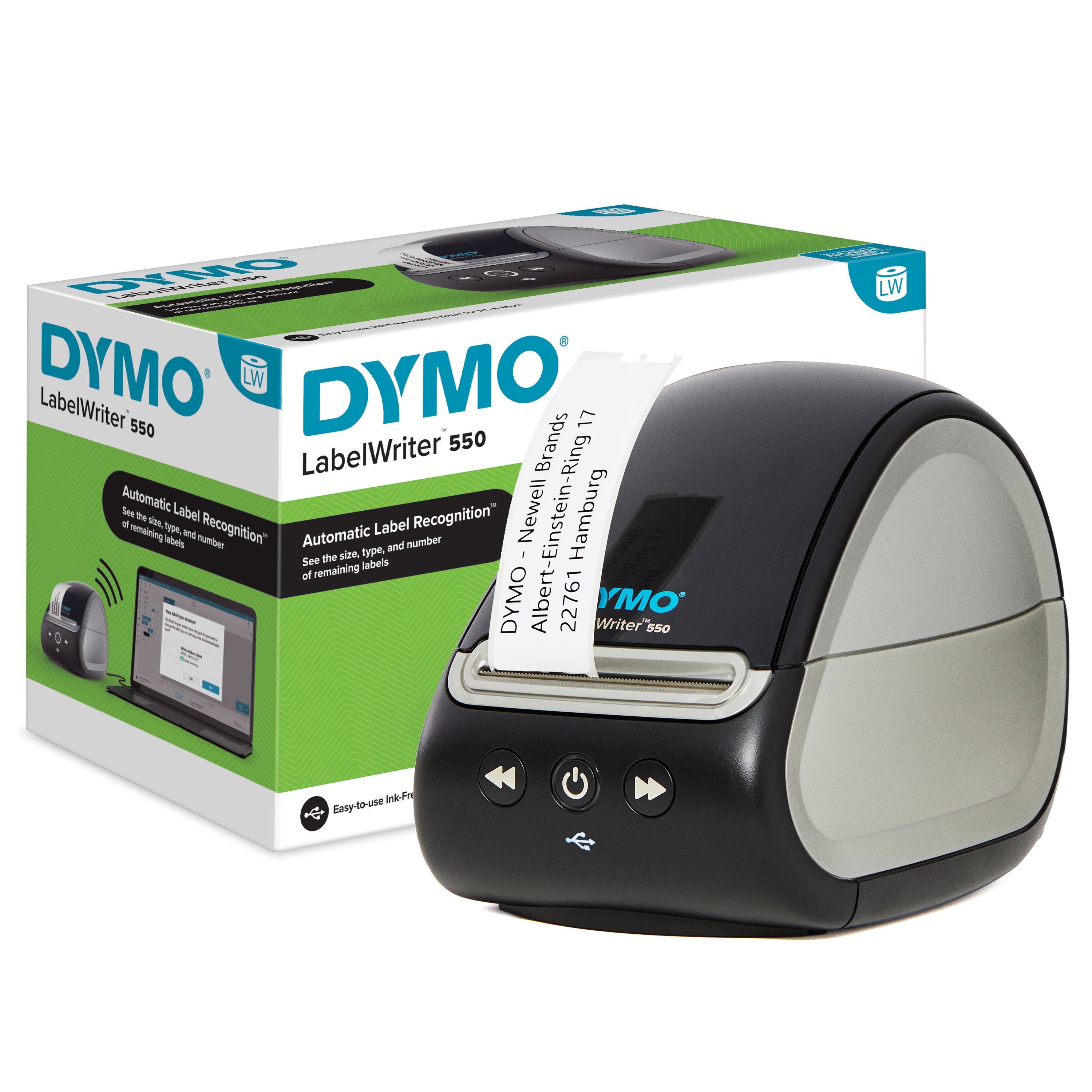 Front view of DYMO LabelWriter 550 showing compact black design and label feed slot
