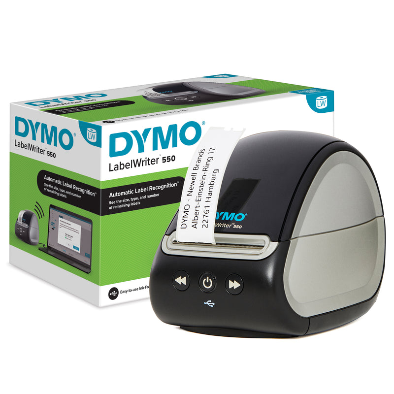 Front view of DYMO LabelWriter 550 showing compact black design and label feed slot