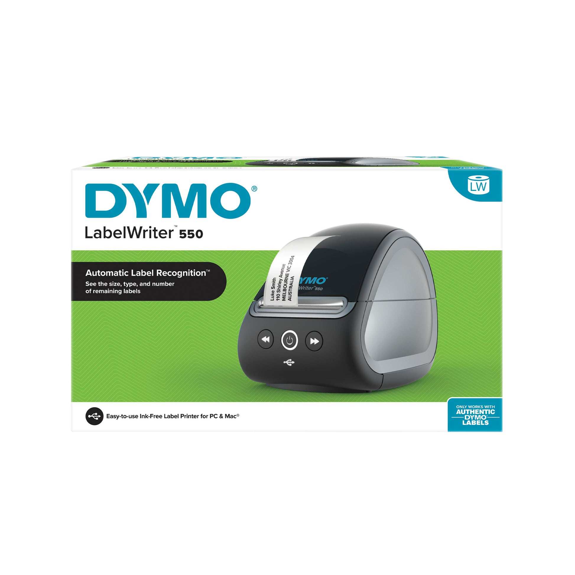 DYMO LabelWriter 550 Label Printer retail packaging – compact USB label maker for office and shipping use