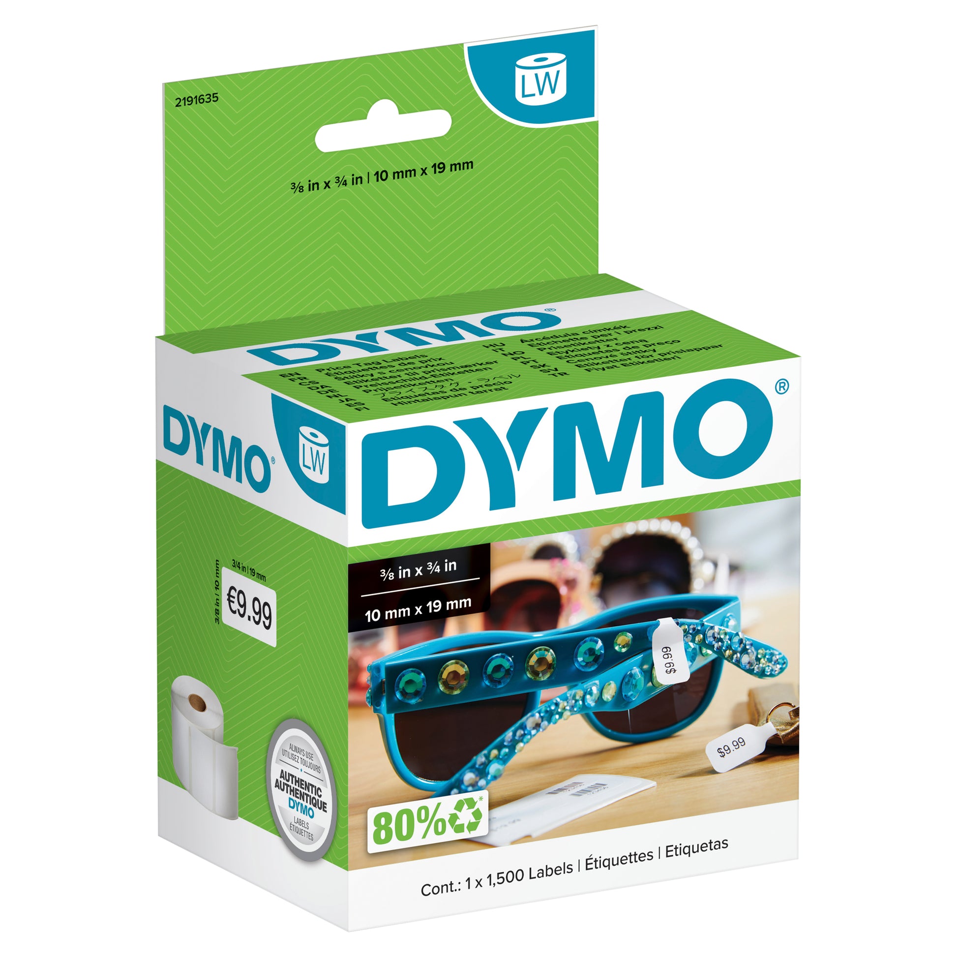 DYMO LabelWriter price tag labels 10mm x 19mm in retail packaging with jewellery and sunglasses pricing application shown