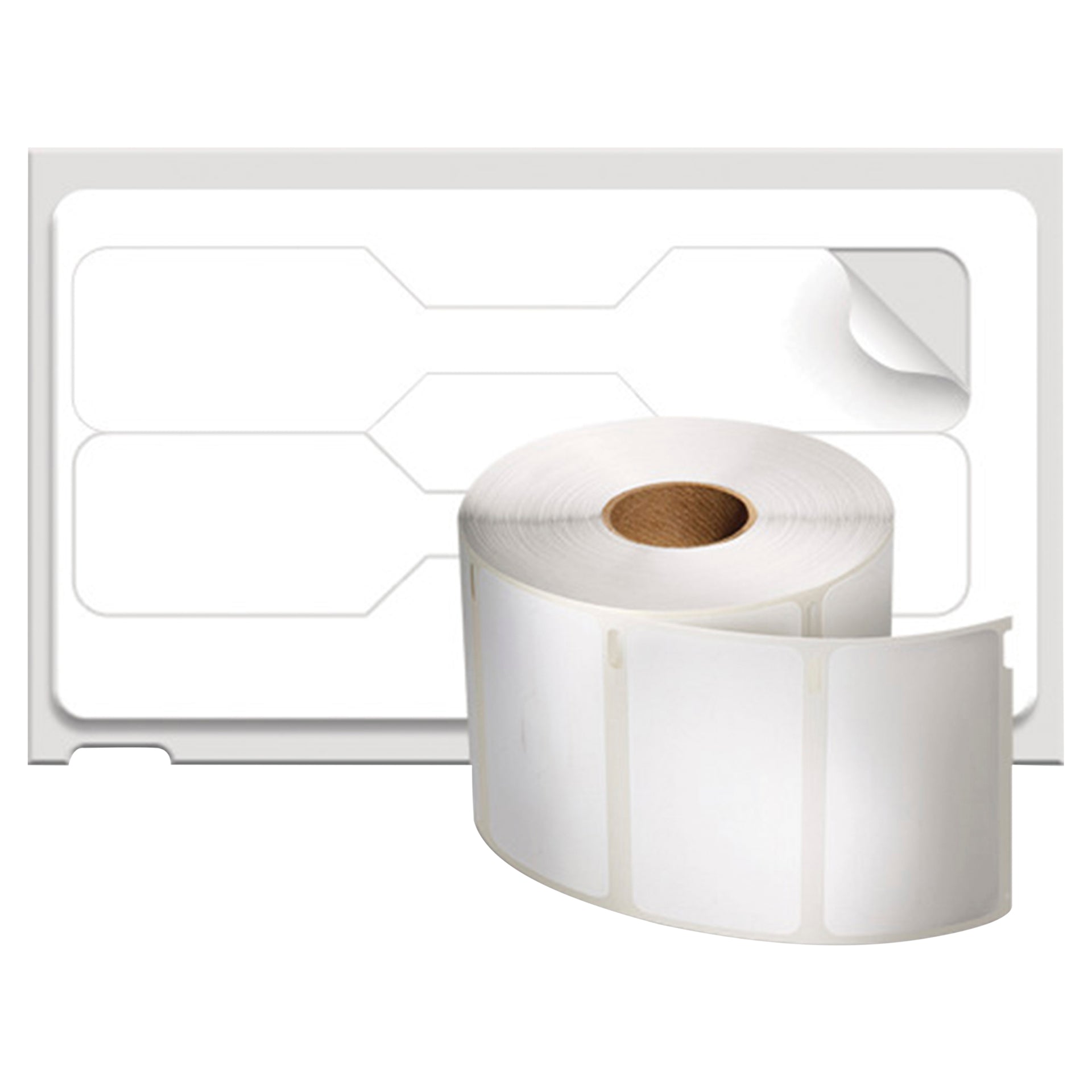 DYMO LabelWriter tag labels shown as a label roll with matching tag label sheet layout template