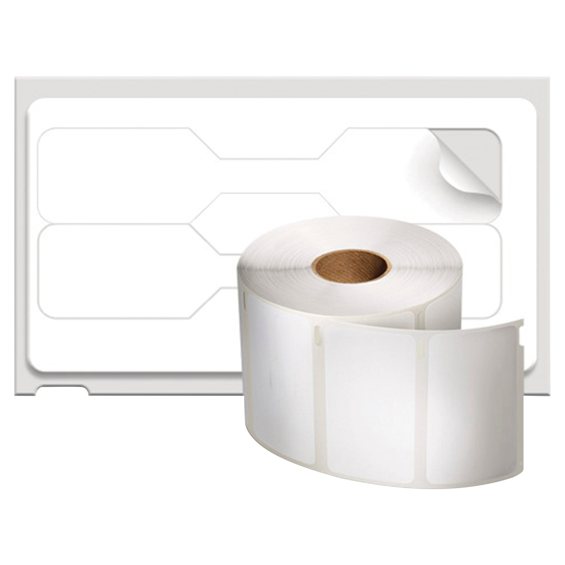 DYMO LabelWriter tag labels shown as a label roll with matching tag label sheet layout template