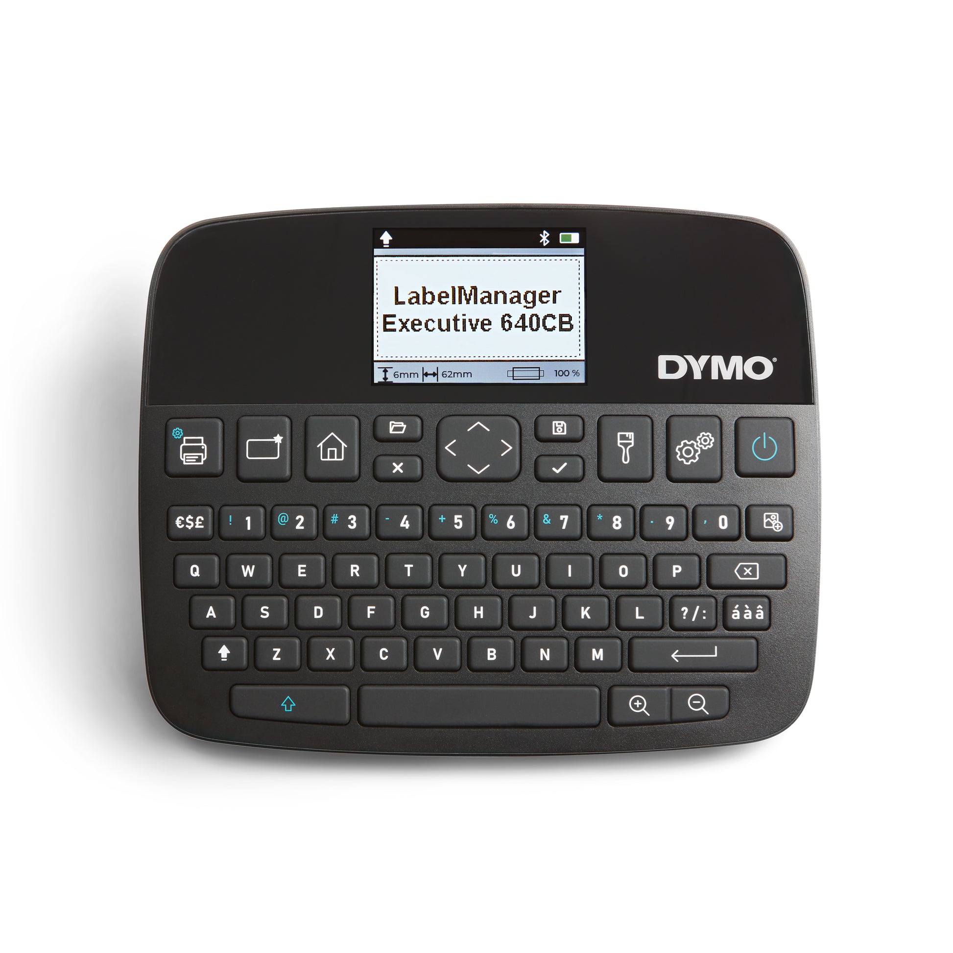 Top view of DYMO LabelManager Executive 640 CB with full QWERTY keyboard and colour screen.