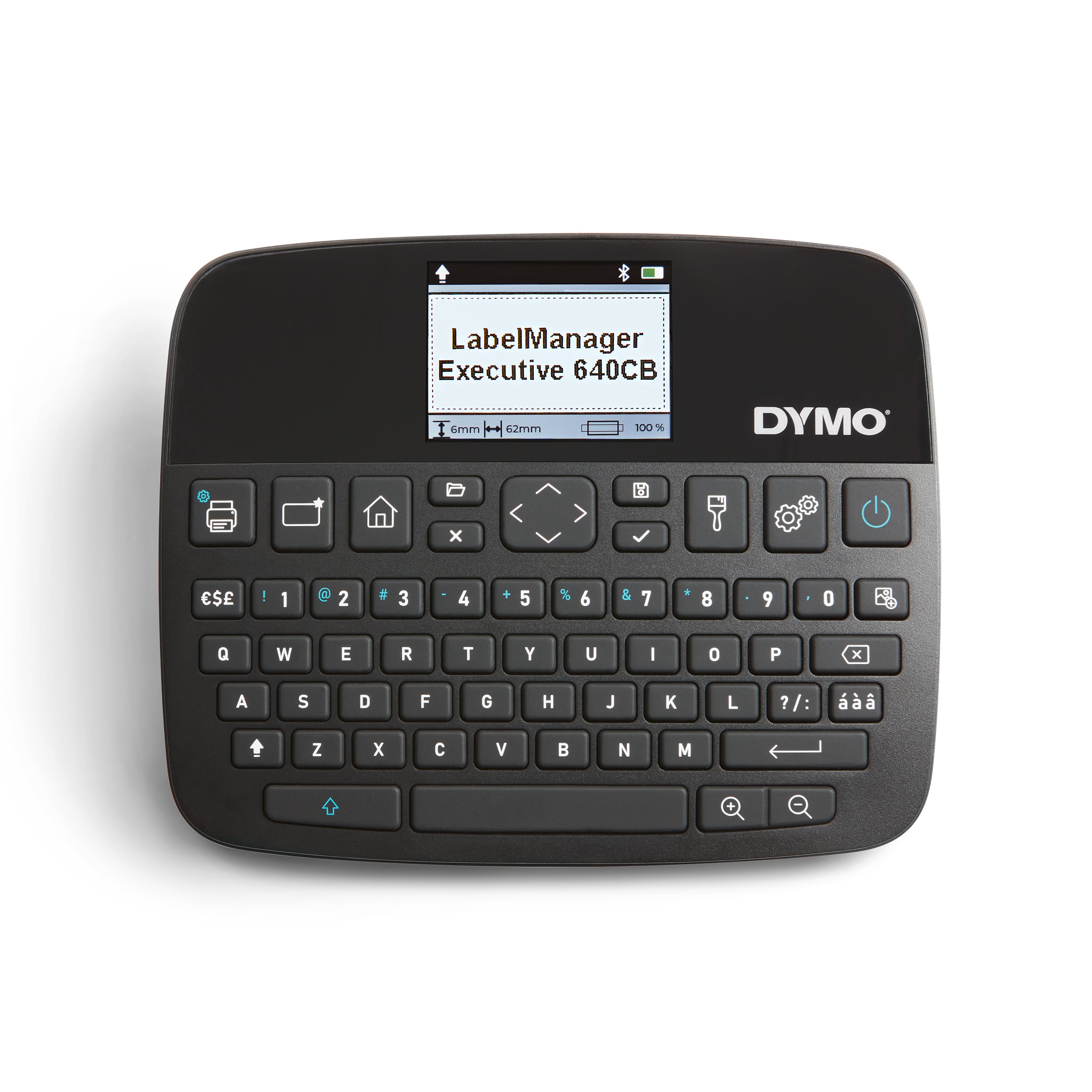 Top view of DYMO LabelManager Executive 640 CB with full QWERTY keyboard and colour screen.