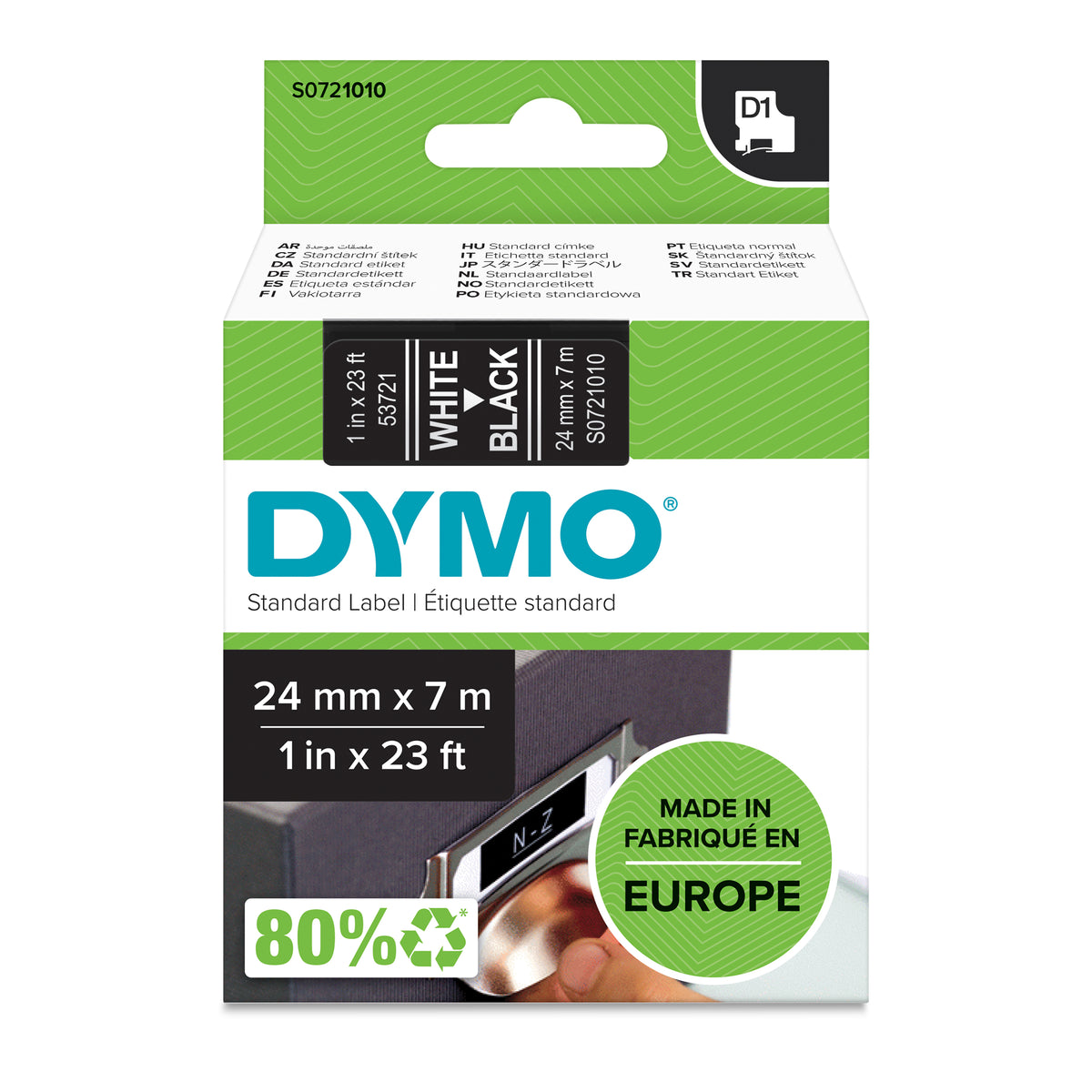 Dymo D1 S0721010 24mm x 7m white on black label tape in retail packaging