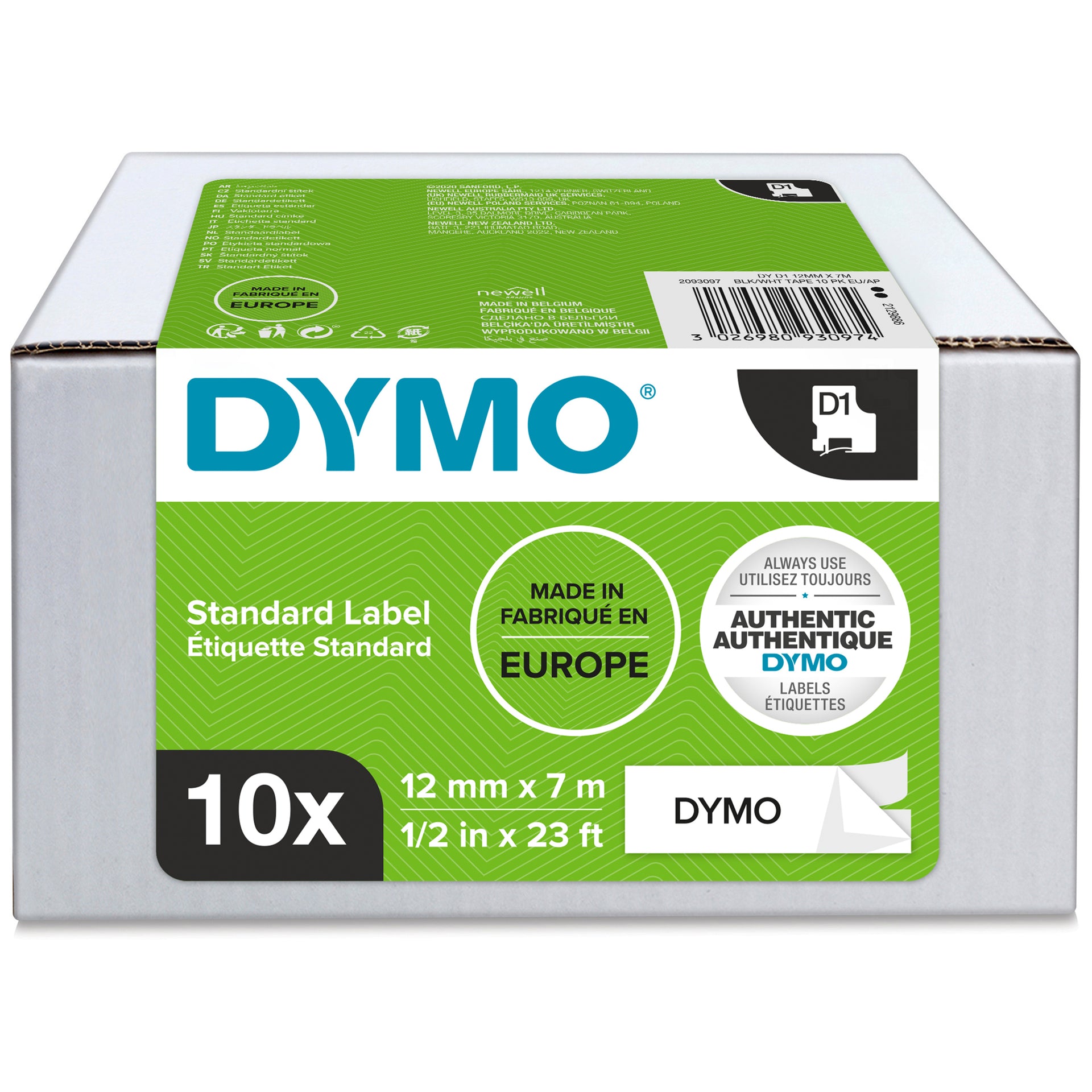 DYMO D1 standard labels 12mm x 7m black on white 10 pack carton in bulk packaging