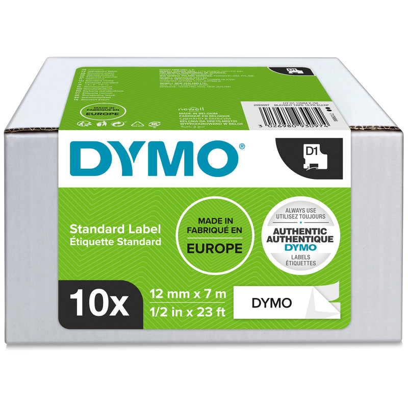 DYMO D1 standard labels 12mm x 7m black on white 10 pack carton in bulk packaging