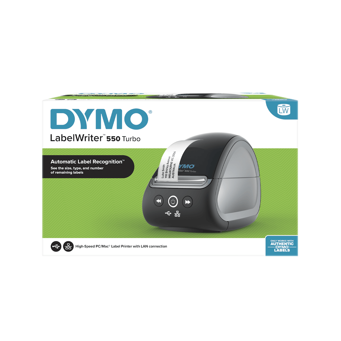 DYMO LabelWriter 550T Turbo printer retail box – fast, network-ready USB and LAN label maker
