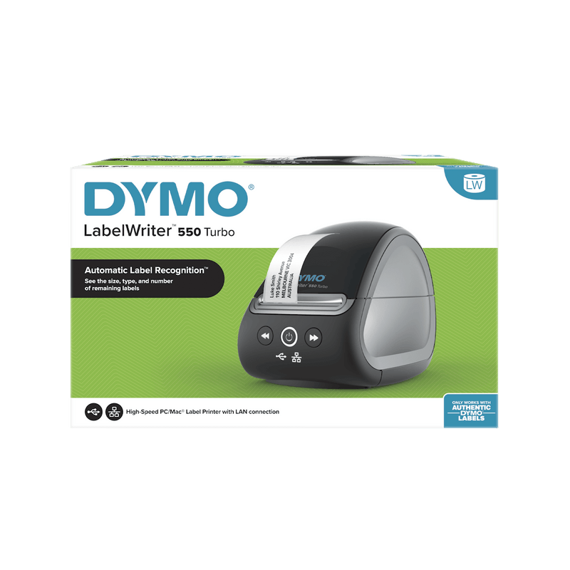 DYMO LabelWriter 550T Turbo printer retail box – fast, network-ready USB and LAN label maker