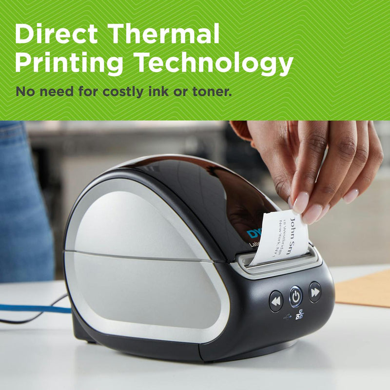 User feeding labels into DYMO 550T printer using direct thermal technology – no ink required