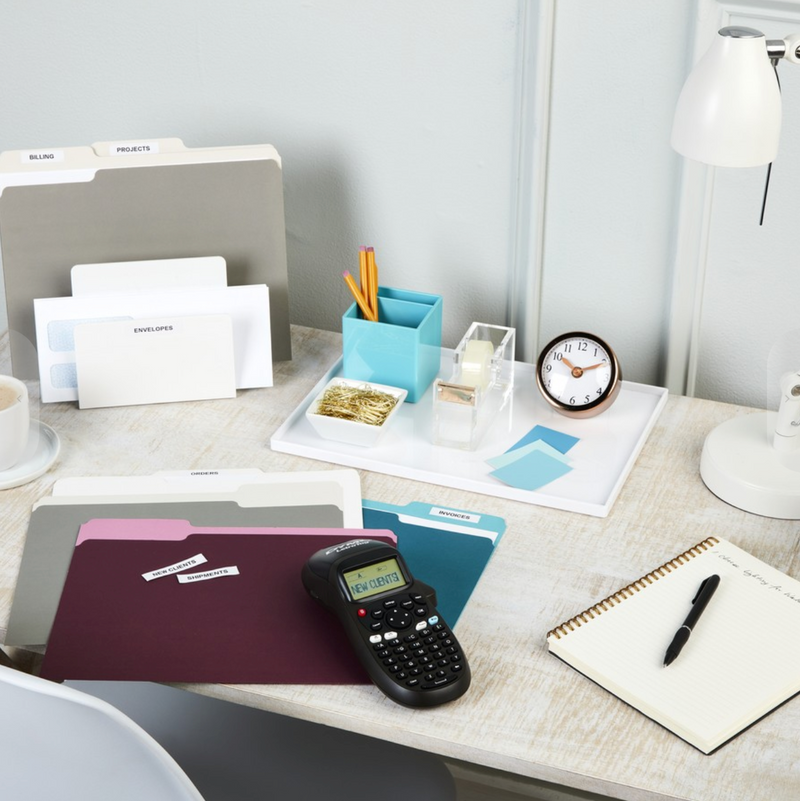 DYMO LetraTag LT100H Label Maker placed on a tidy home office desk for organisation