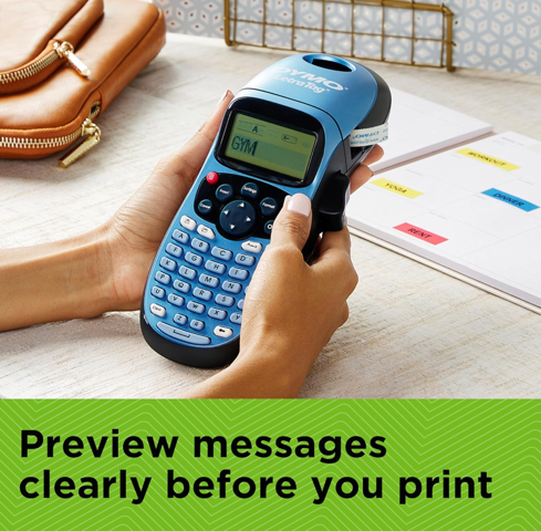 DYMO LetraTag LT100H Blue Label Maker in use for school and stationery labels