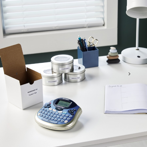 DYMO LetraTag LT100T Label Maker in Blue on modern desk used for office and filing organisation