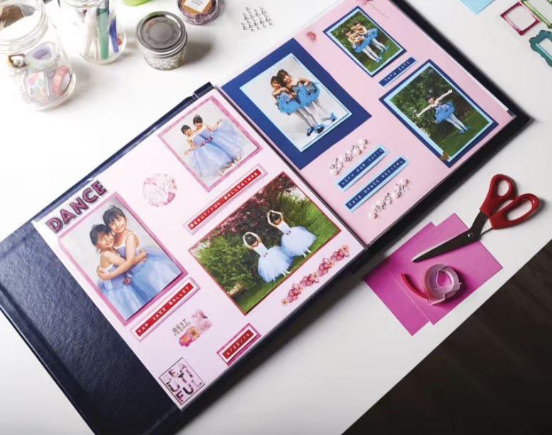 Scrapbook and craft project decorated with colourful embossed labels