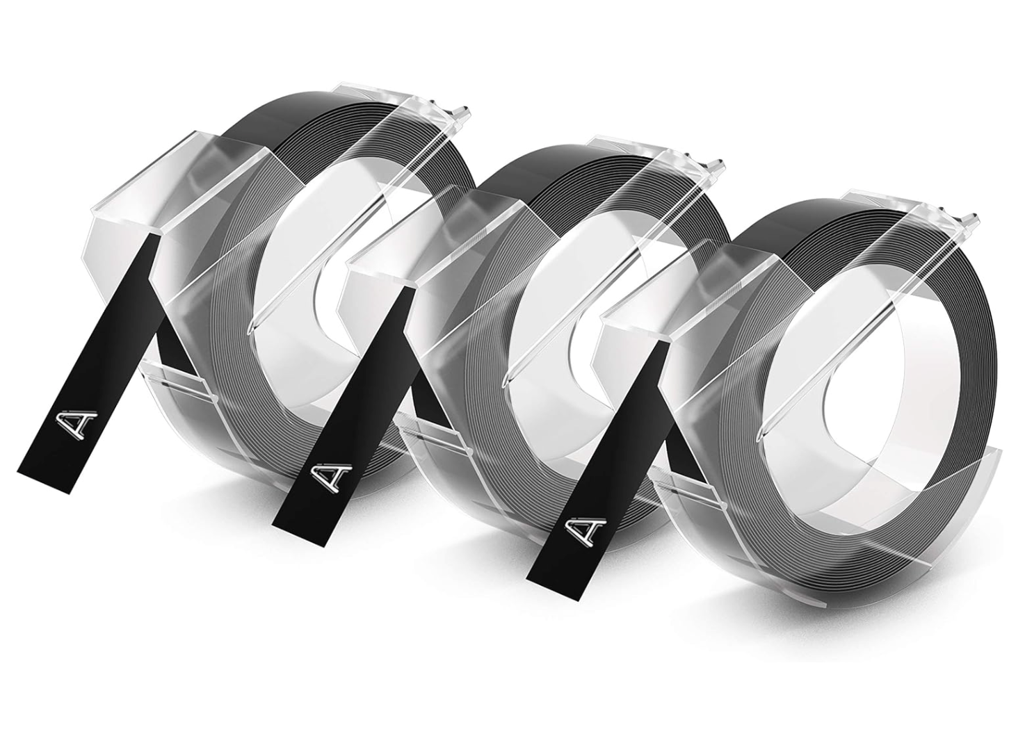 Three black DYMO embossing tape rolls for Omega label makers