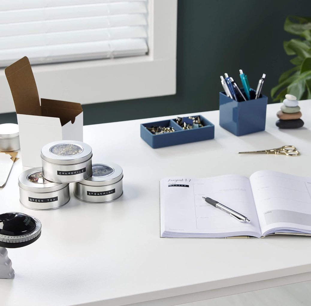 DYMO embossing tape used to organise a clean desk and office workspace