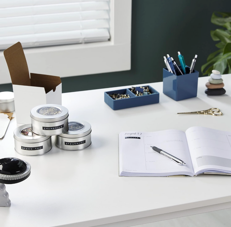 DYMO embossing tape used to organise a clean desk and office workspace