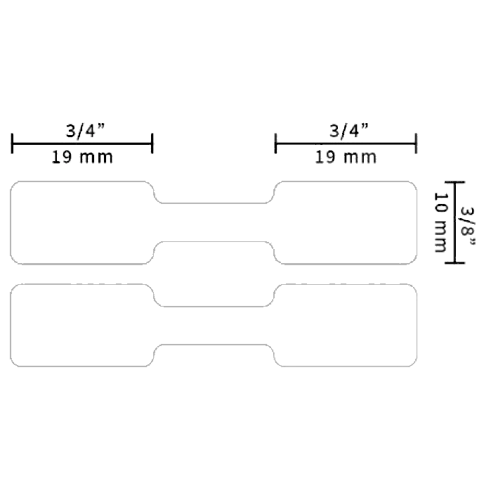 Diagram of DYMO 2-Up Price Tag Labels showing two 10mm x 19mm labels side by side with central non-adhesive gap, ideal for jewellery and small items