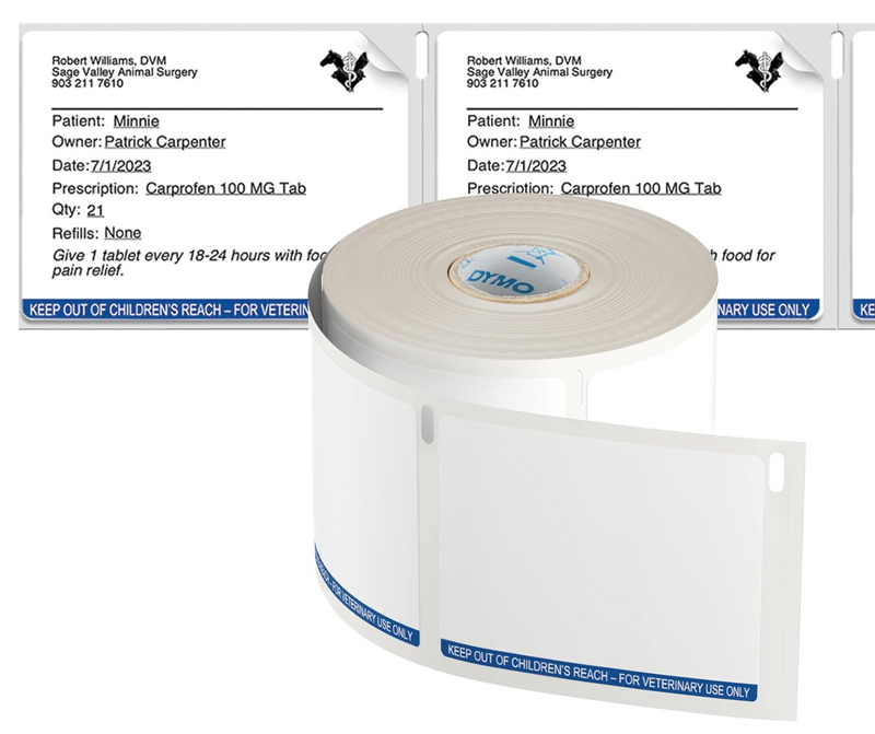 Dymo pre-printed veterinary label roll, showcasing individual stickers with distinct perforations and a professional layout for medication instructions.