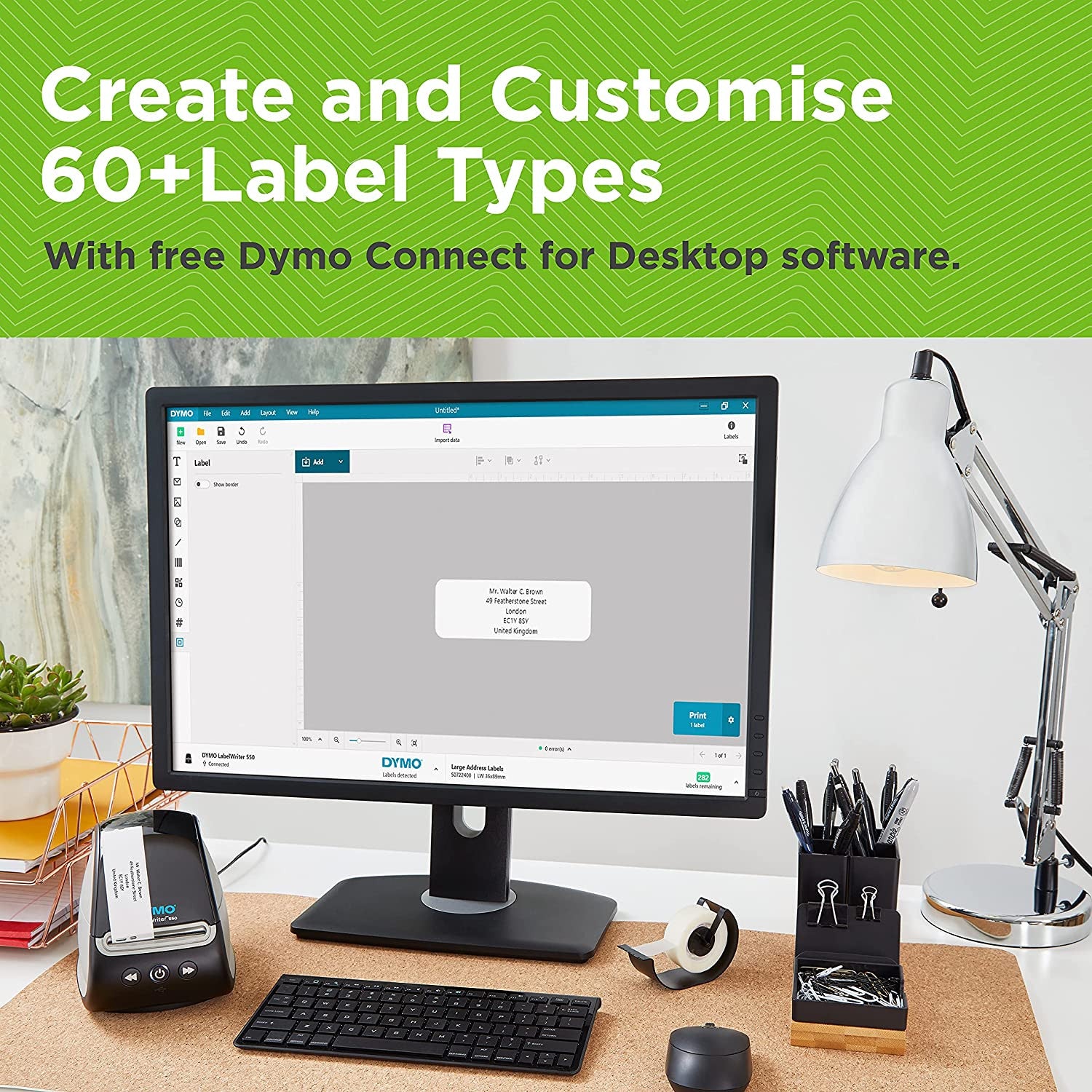 DYMO Connect software workspace with user designing custom labels on screen