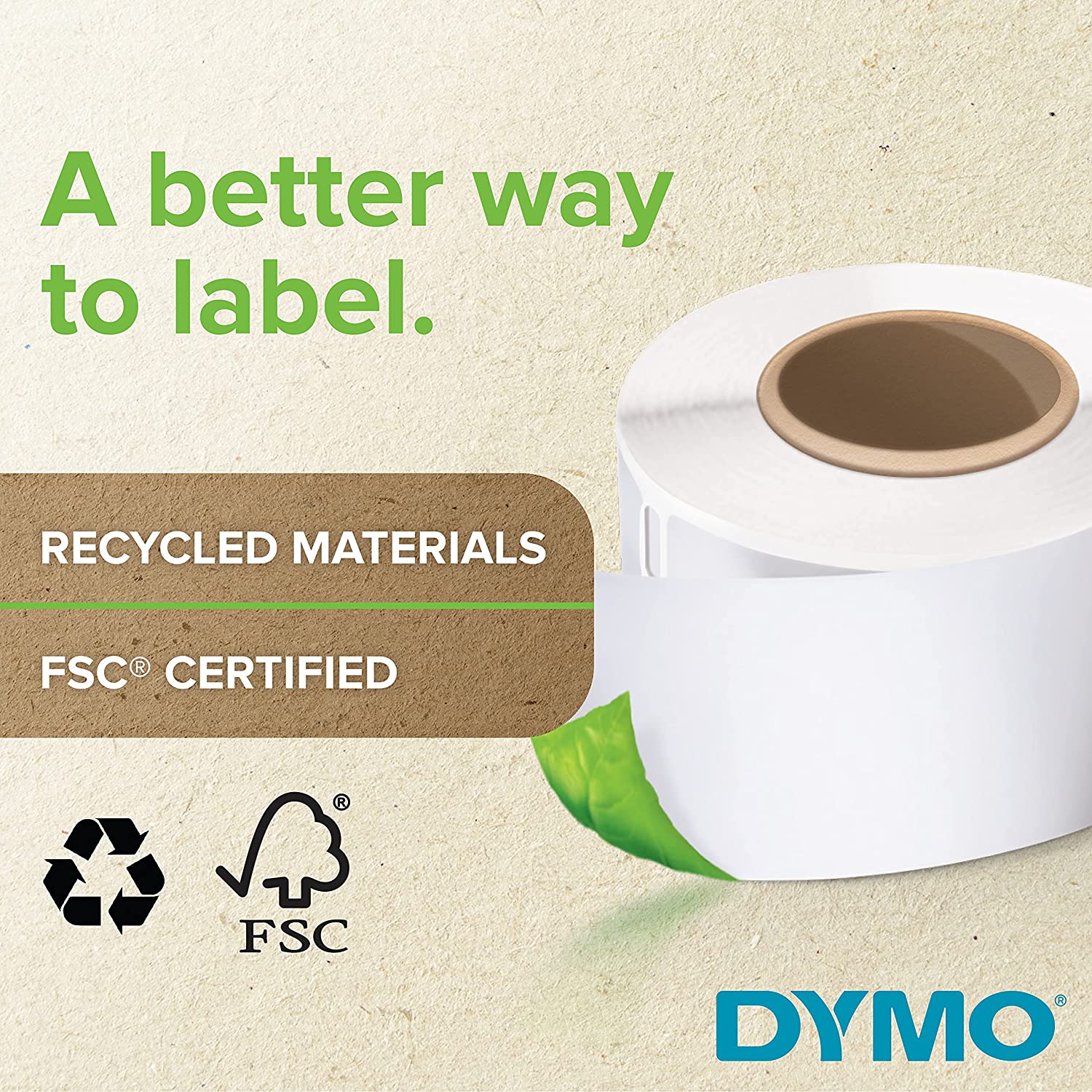 DYMO BPA-free label roll beside a printer – a sustainable labelling solution for modern businesses