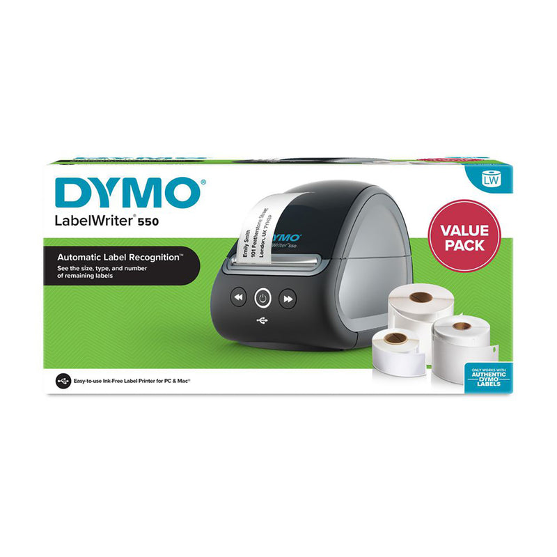 DYMO LabelWriter 550 Value Pack with printer and multiple label rolls – retail box