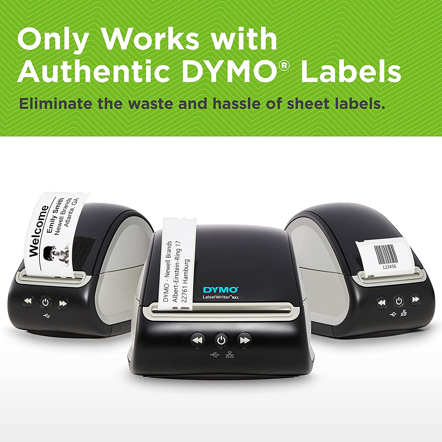 DYMO LabelWriter 550 shown with large and standard label rolls – ideal for shipping and filing