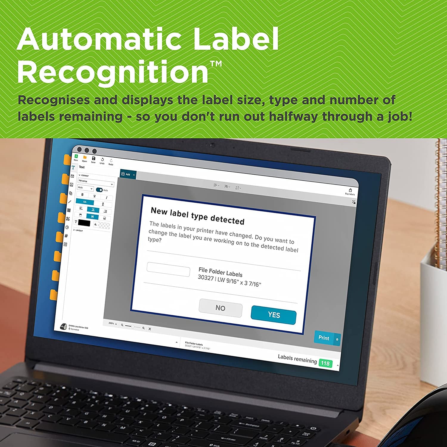 DYMO Connect software displaying Automatic Label Recognition on desktop screen