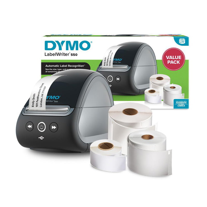 DYMO LabelWriter 550 Label Printer Value Pack with printer, adapter, USB cable, and three label rolls