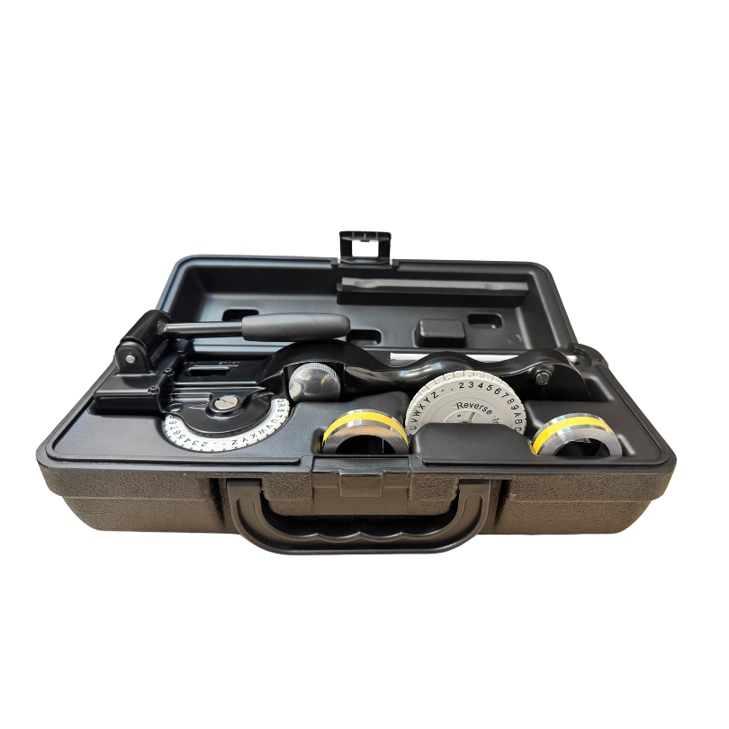 Rhino M1011 metal embossing tool kit with labeling tape and character wheel in black hard case.