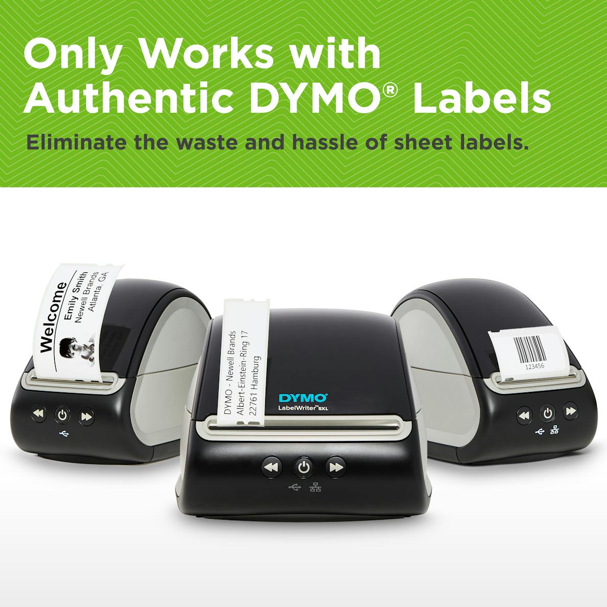 DYMO 550 and 550T label printers side by side with rolls of DYMO Authentic Labels