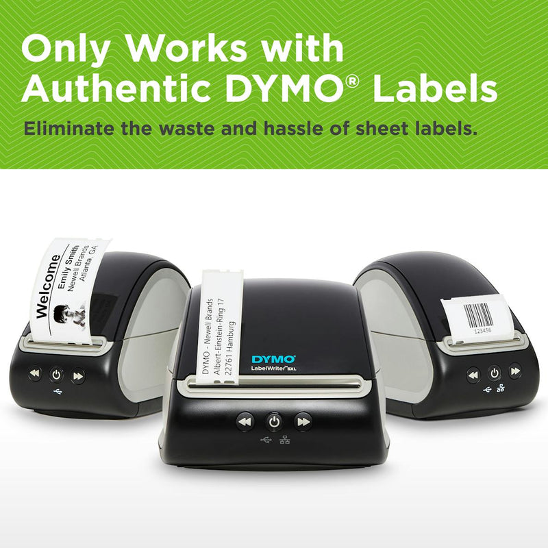 DYMO 550T printer with dual label rolls showing compatibility with various DYMO label sizes