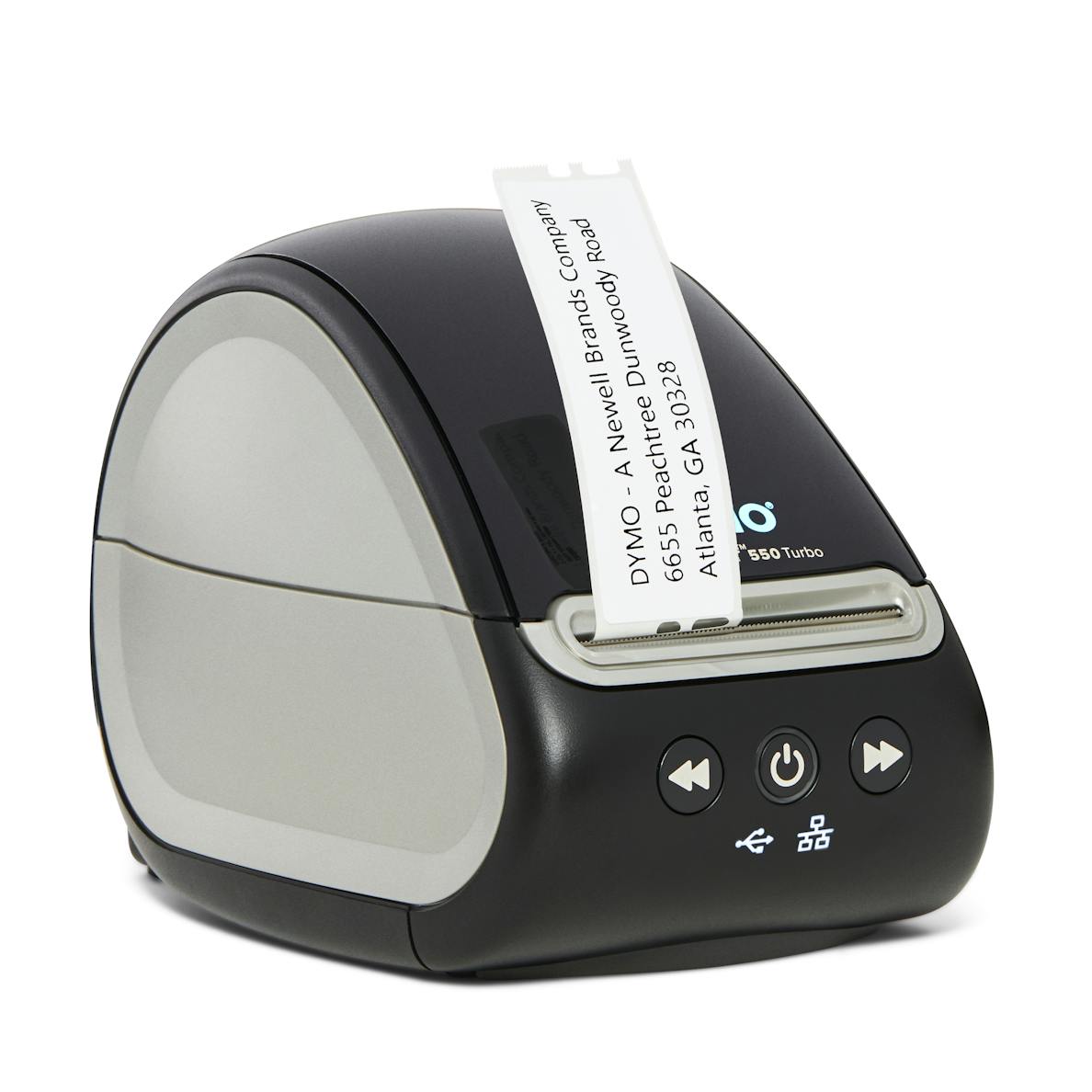Front view of DYMO 550T Turbo label printer with sleek black design and label output slot