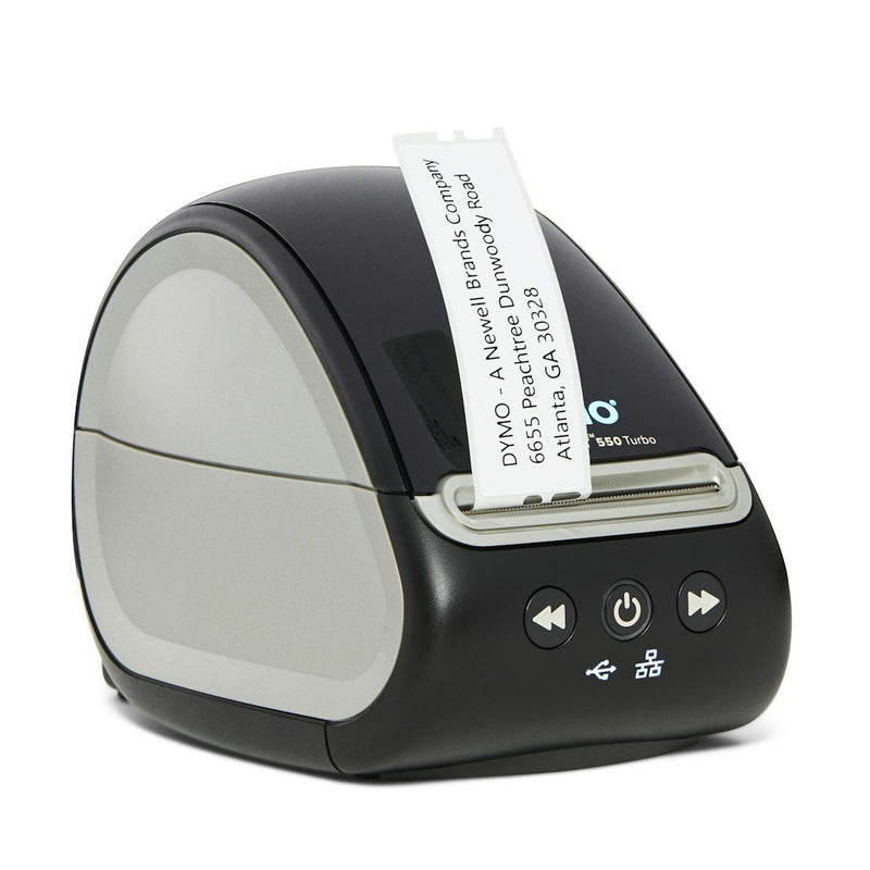 Front view of DYMO 550T Turbo label printer with sleek black design and label output slot