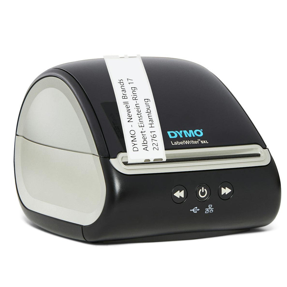 Close-up of DYMO LabelWriter 5XL printer with sleek black design and label output slot