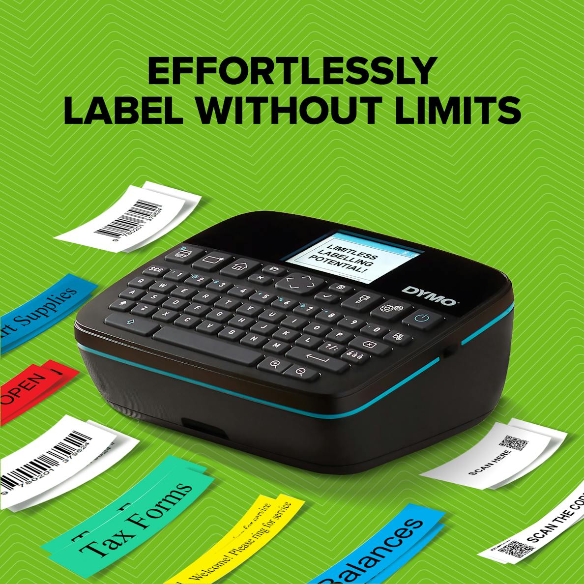 DYMO LabelManager Executive 640 CB displayed with wide-format label options and ergonomic keyboard