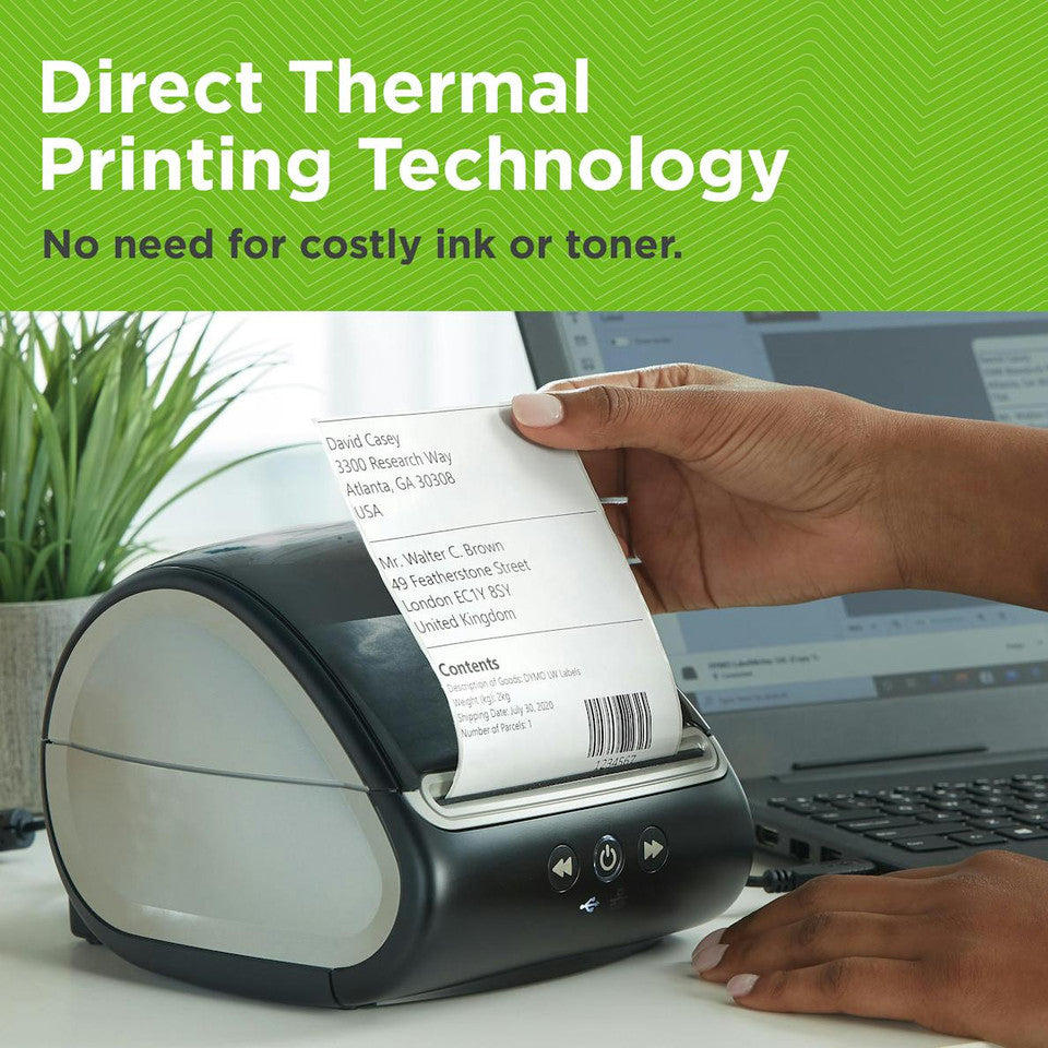 DYMO 5XL printer on a desk printing a large shipping label using direct thermal technology