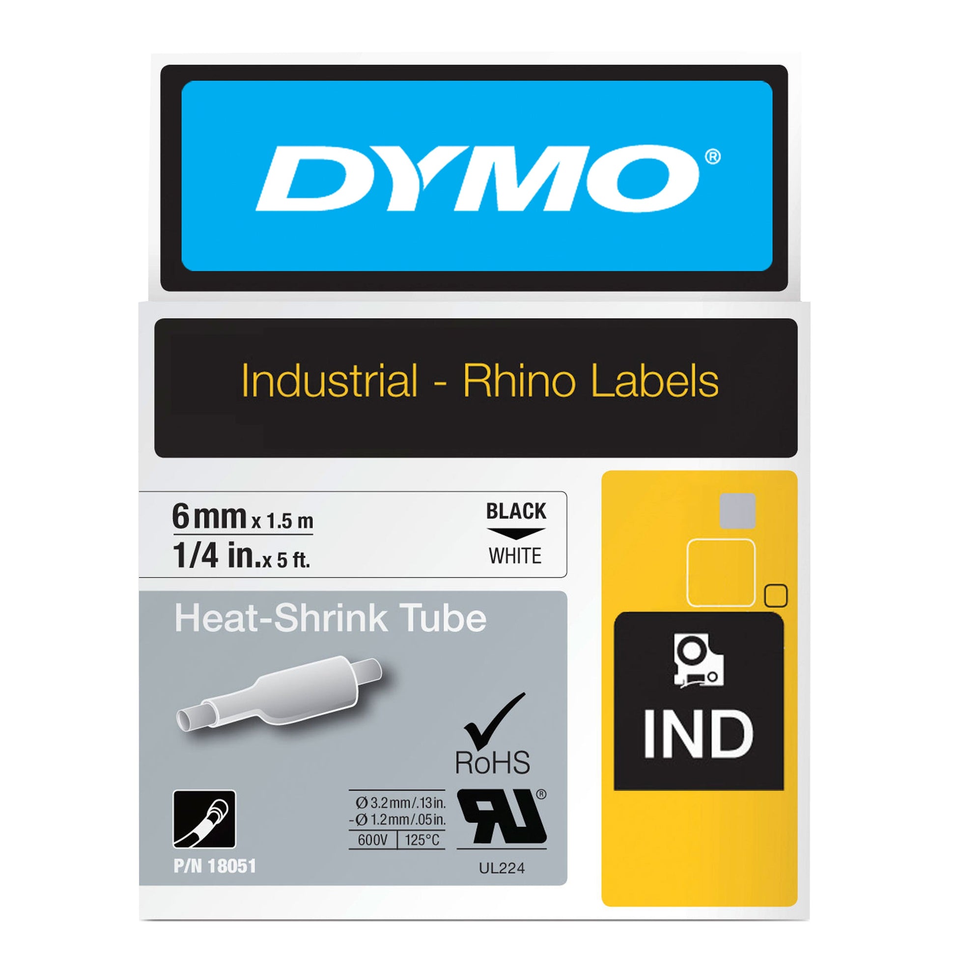 Dymo Rhino 18051 Heat Shrink Tube Tape 6mm Black on White