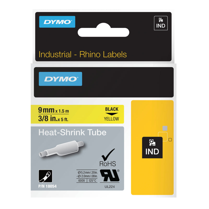 Dymo Rhino 18054 Heat Shrink Tube Tape 9mm Black on Yellow