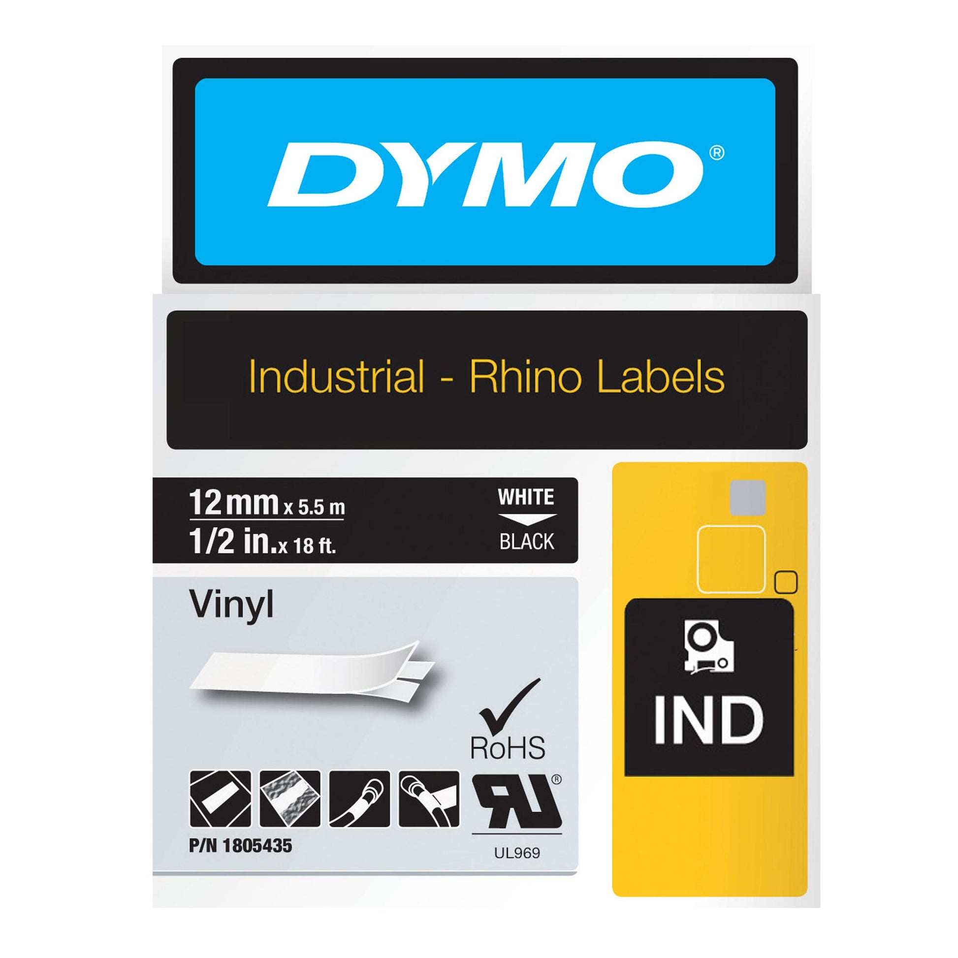 Dymo Rhino 1805435 Vinyl Tape 12mm White on Black