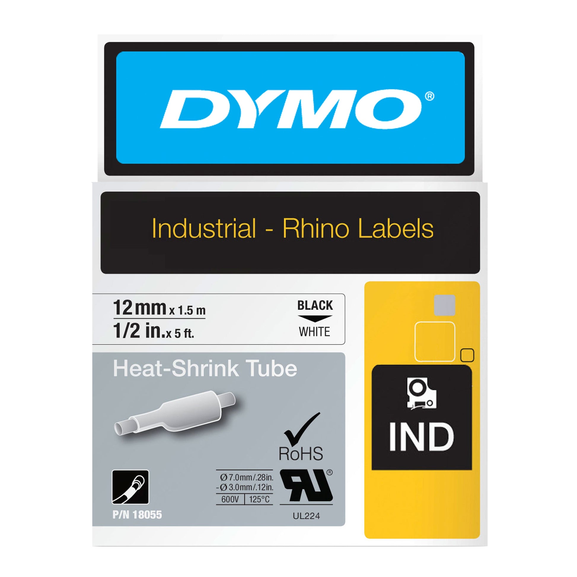 Dymo Rhino 18055 Heat Shrink Tube Tape 12mm Black on White