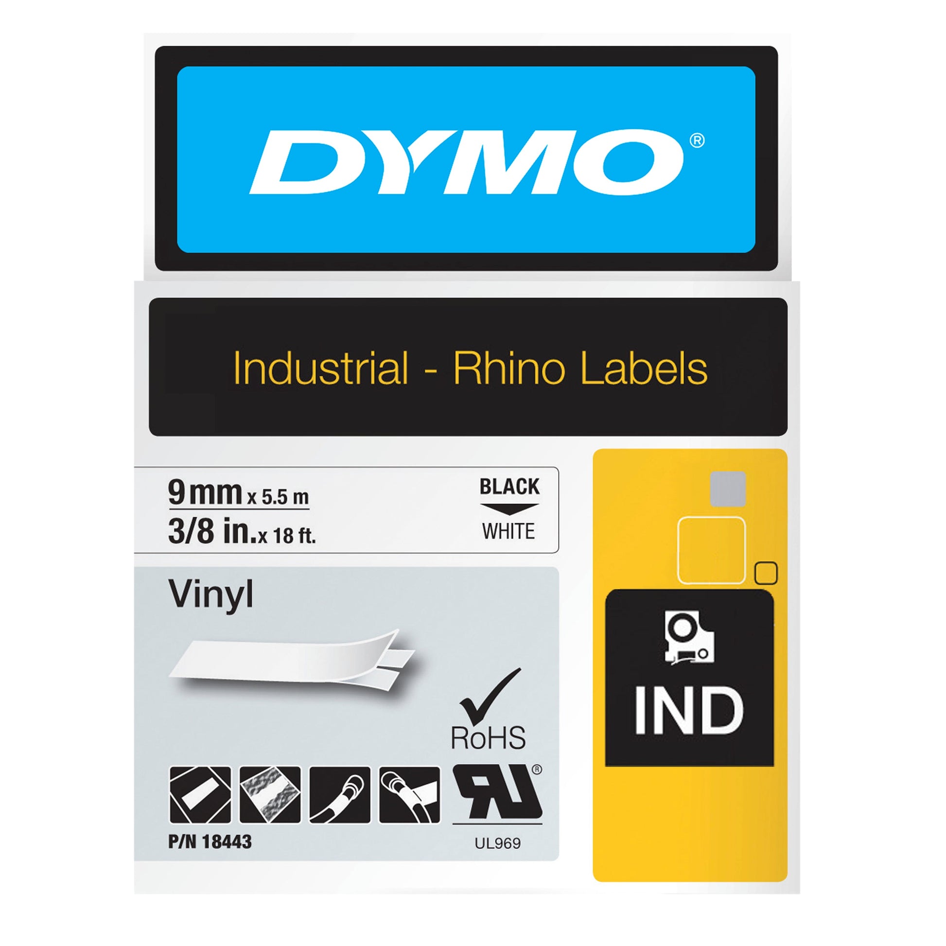 Dymo Rhino 18443 Vinyl Tape 9mm Black on White