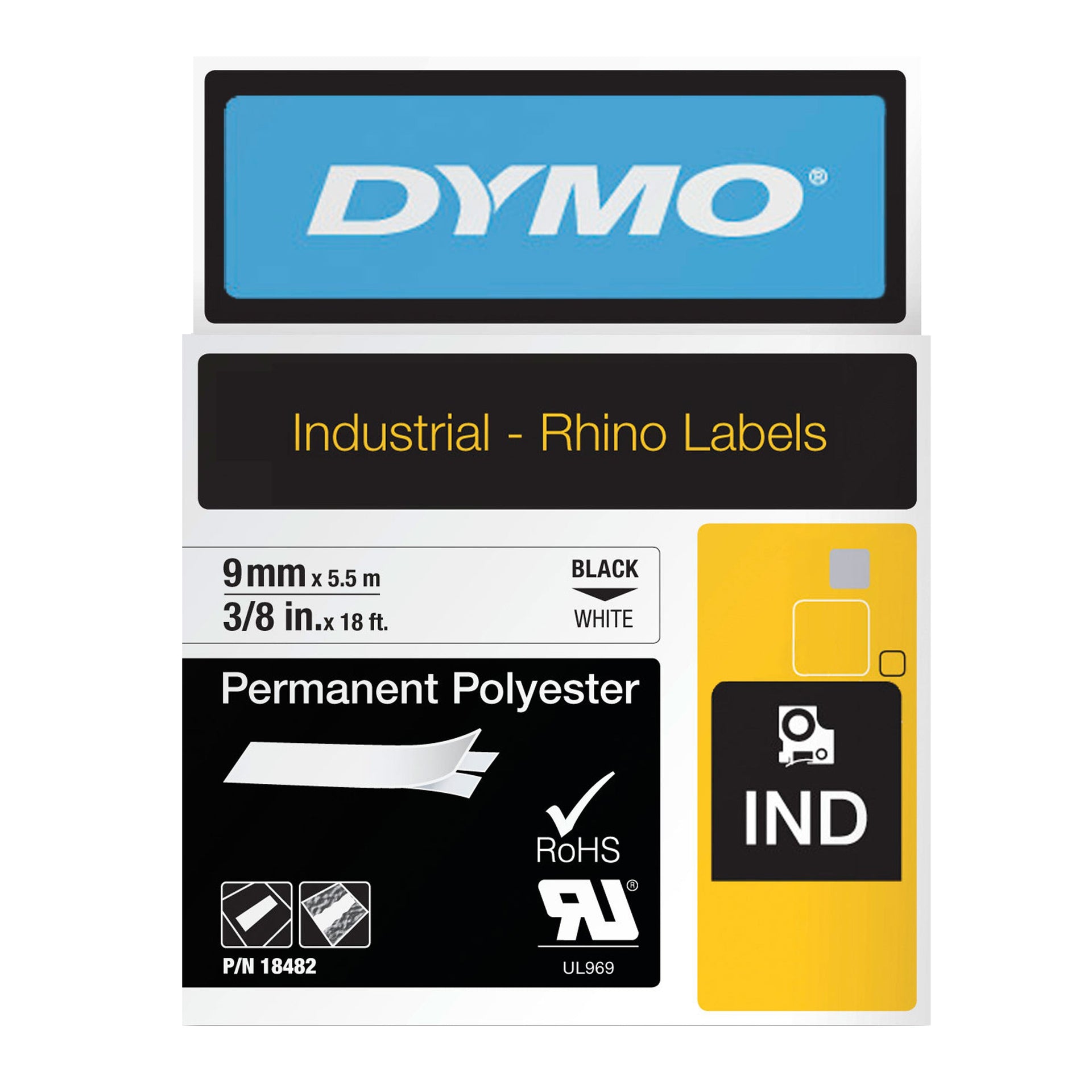 Dymo Rhino 18482 Permanent Polyester Tape 9mm Black on White