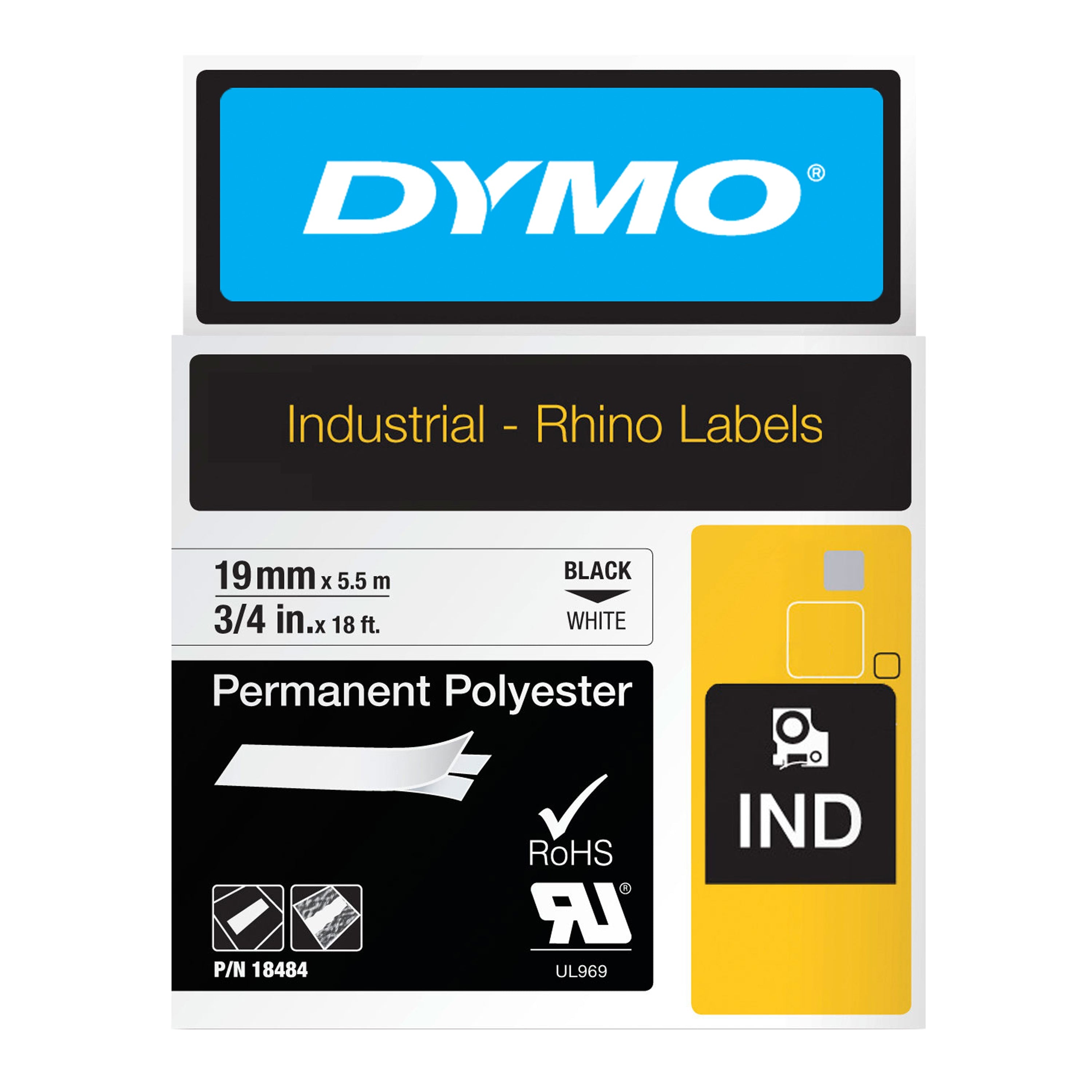 Dymo Rhino 18484 Permanent Polyester Tape 19mm Black on White