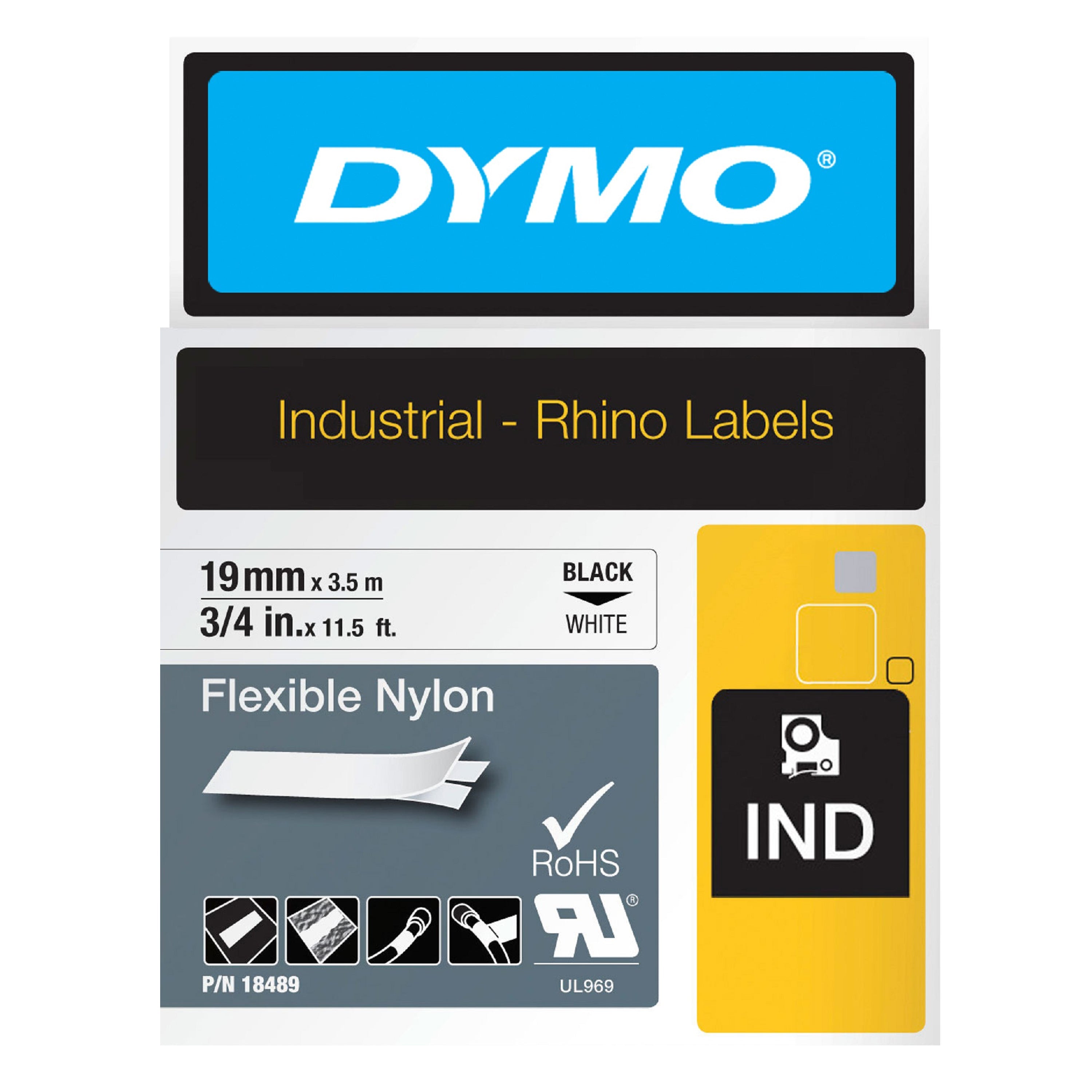 Dymo Rhino 18489 Flexible Nylon Tape 19mm Black on White